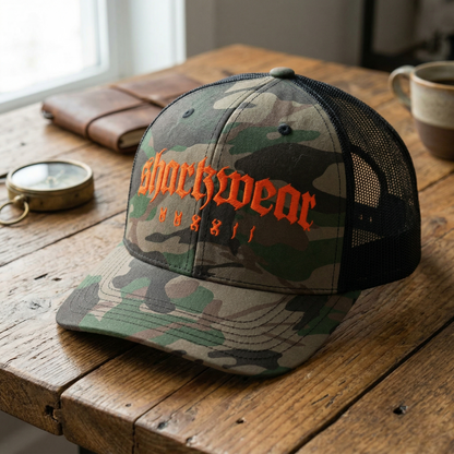 CAMO HUNTER TRUCKER HAT - APEX SURF CO | SHARKWEAR